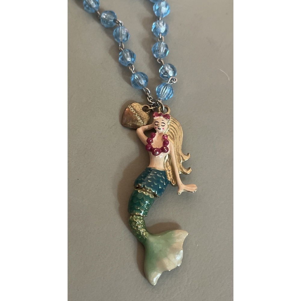 Vintage Betsey Johnson Sea Mermaid Enameled Glass Crystal Beaded Necklace 24"